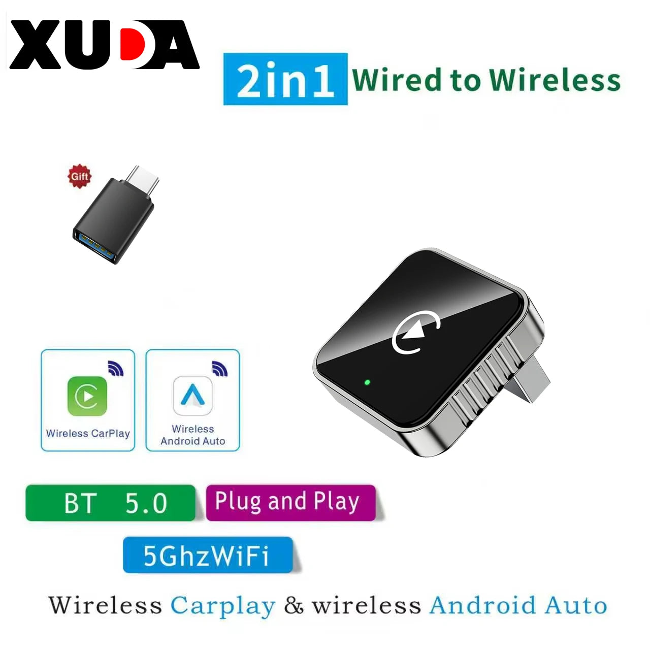 Auto para estéreo de carro 2 em 1 com fio para adaptador sem fio Android usb mini caixa inteligente plug e bluetooth
