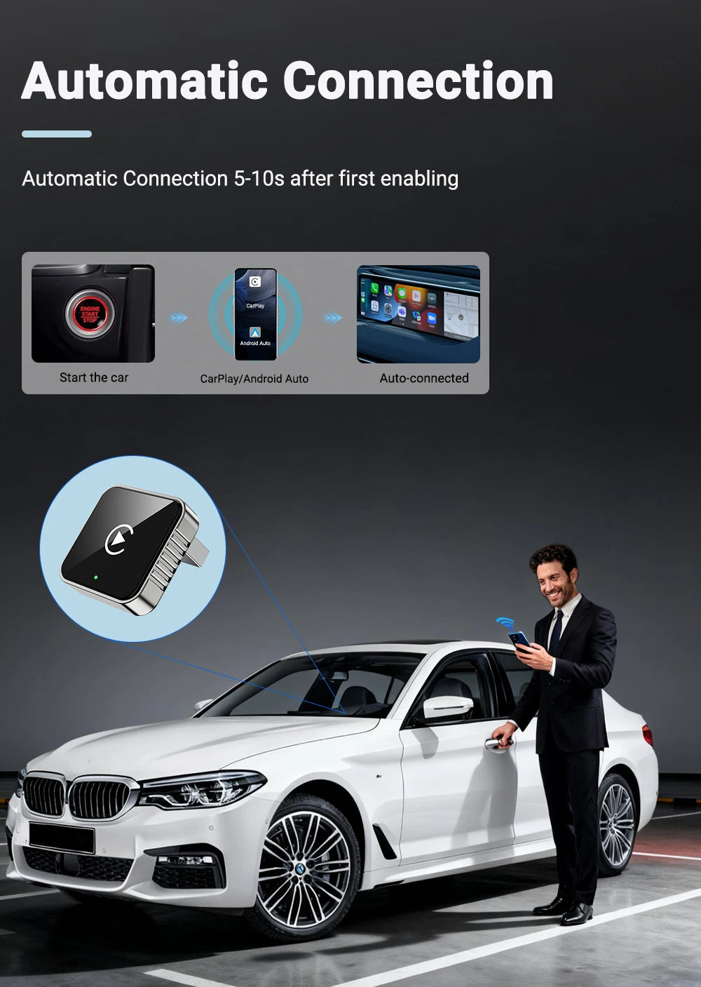 Auto para estéreo de carro 2 em 1 com fio para adaptador sem fio Android usb mini caixa inteligente plug e bluetooth