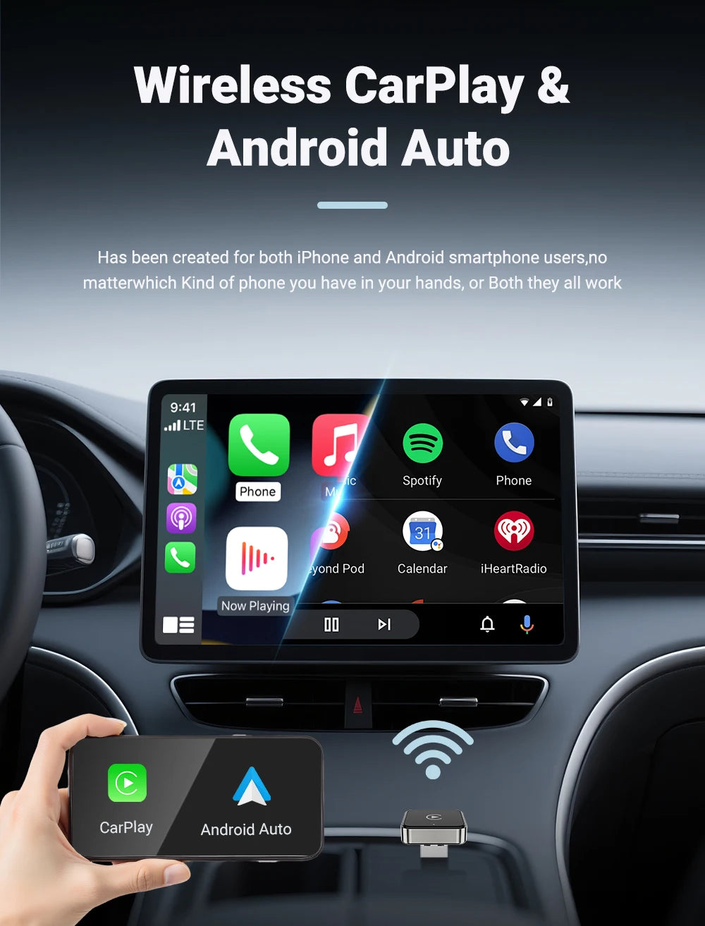 Auto para estéreo de carro 2 em 1 com fio para adaptador sem fio Android usb mini caixa inteligente plug e bluetooth