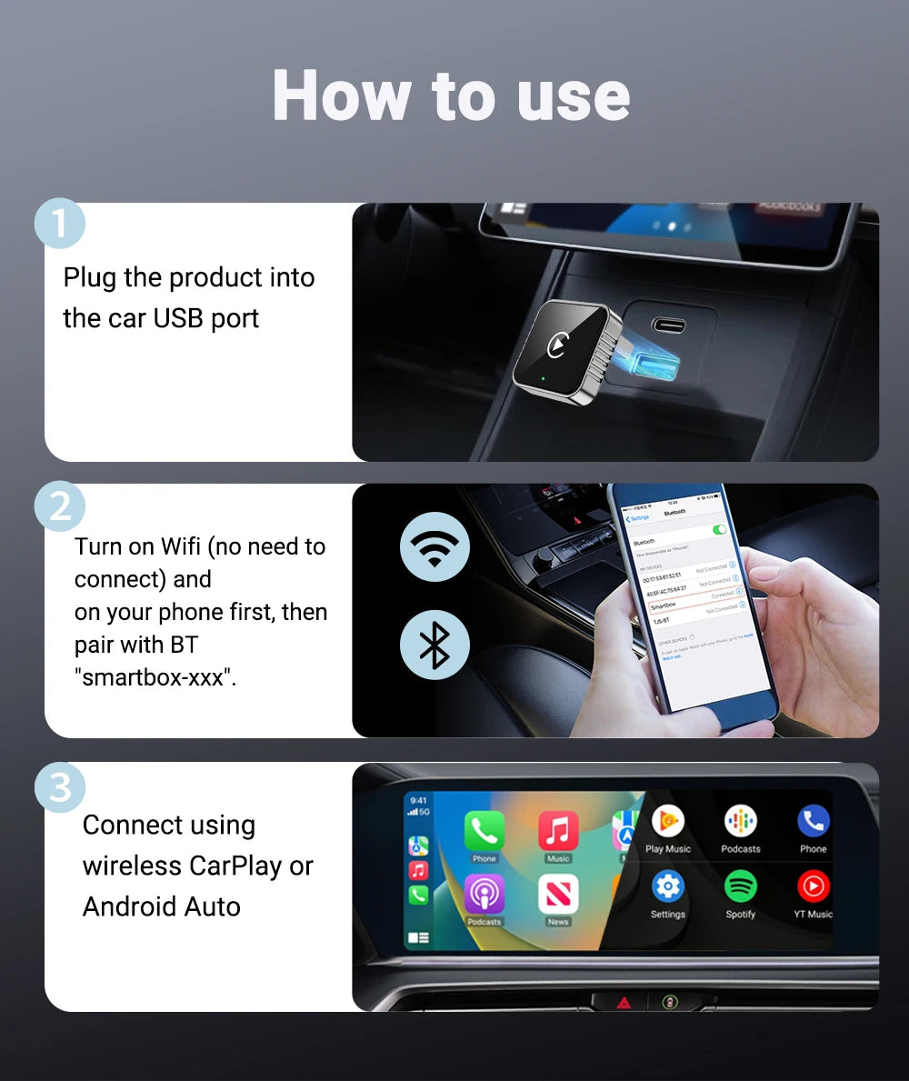 Auto para estéreo de carro 2 em 1 com fio para adaptador sem fio Android usb mini caixa inteligente plug e bluetooth