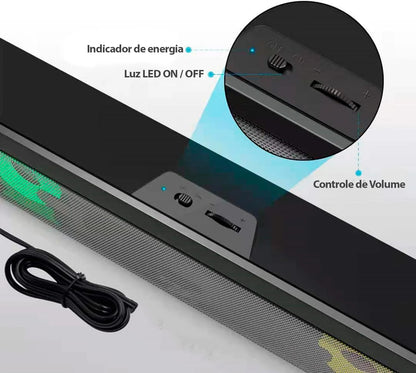 Caixa de Som Soundbar Gamer 6W USB P2 LED RGB TV PC Notebook Celular Tablet Som Potente HI FI Estéreo Plug Play Cabo Longo