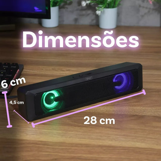 Caixa de Som Soundbar Gamer 6W USB P2 LED RGB TV PC Notebook Celular Tablet Som Potente HI FI Estéreo Plug Play Cabo Longo