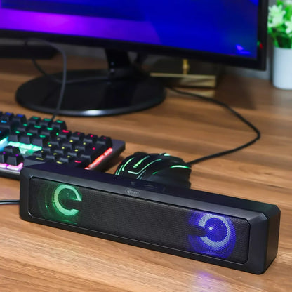Caixa de Som Soundbar Gamer 6W USB P2 LED RGB TV PC Notebook Celular Tablet Som Potente HI FI Estéreo Plug Play Cabo Longo