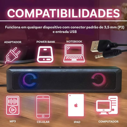 Caixa de Som Soundbar Gamer 6W USB P2 LED RGB TV PC Notebook Celular Tablet Som Potente HI FI Estéreo Plug Play Cabo Longo