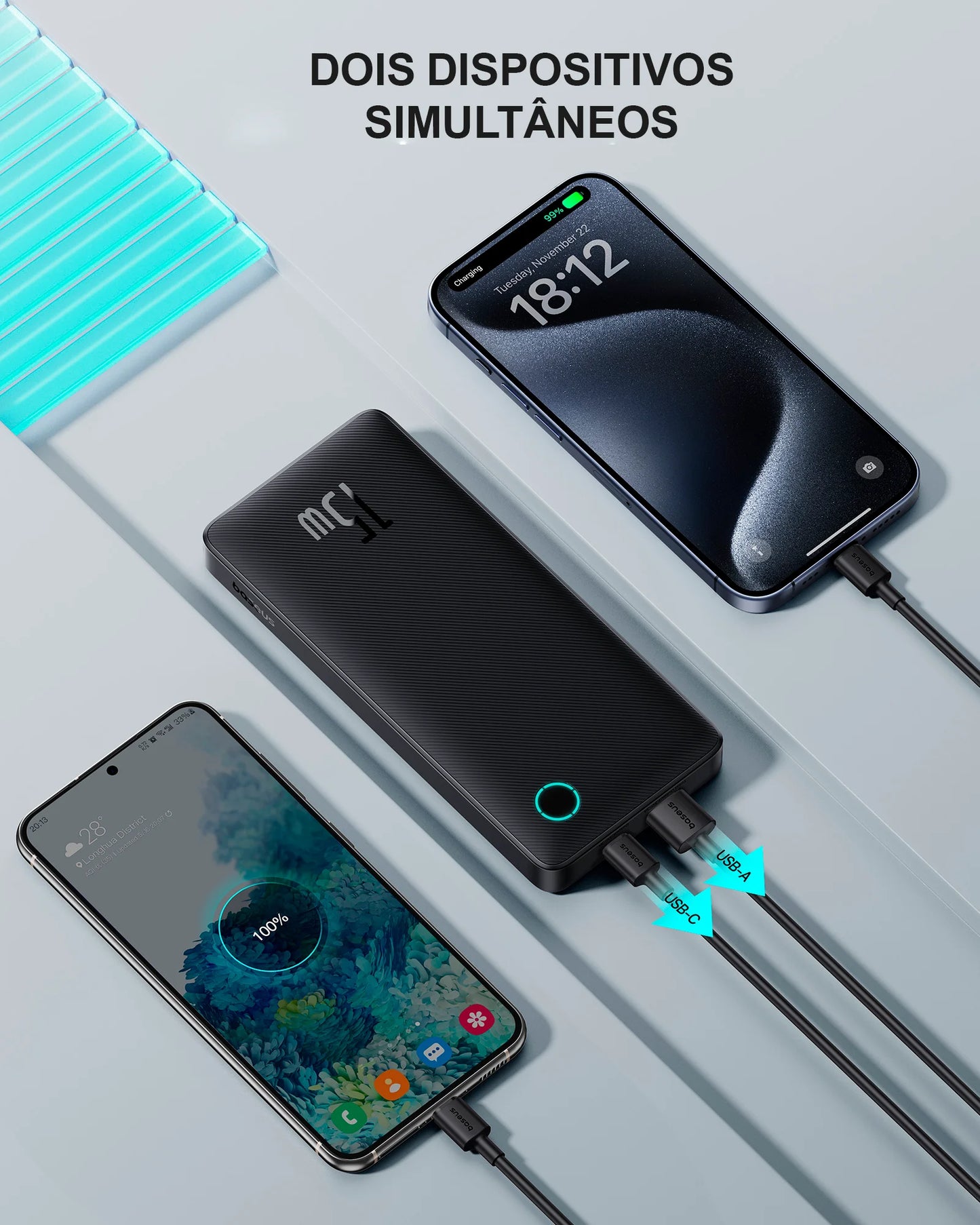 Carregamento Simultaneo Compativel com iPhone e Androids Carregador Portátil Power Bank Baseus Turbo Airpow Lite 10000mah 15w