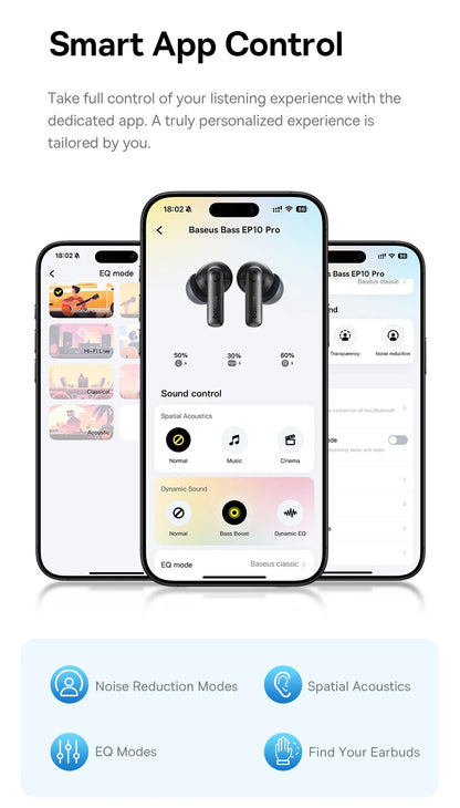Fones de ouvido sem fio Bluetooth 6.0 50dB Baseus EP10 Pro ANC