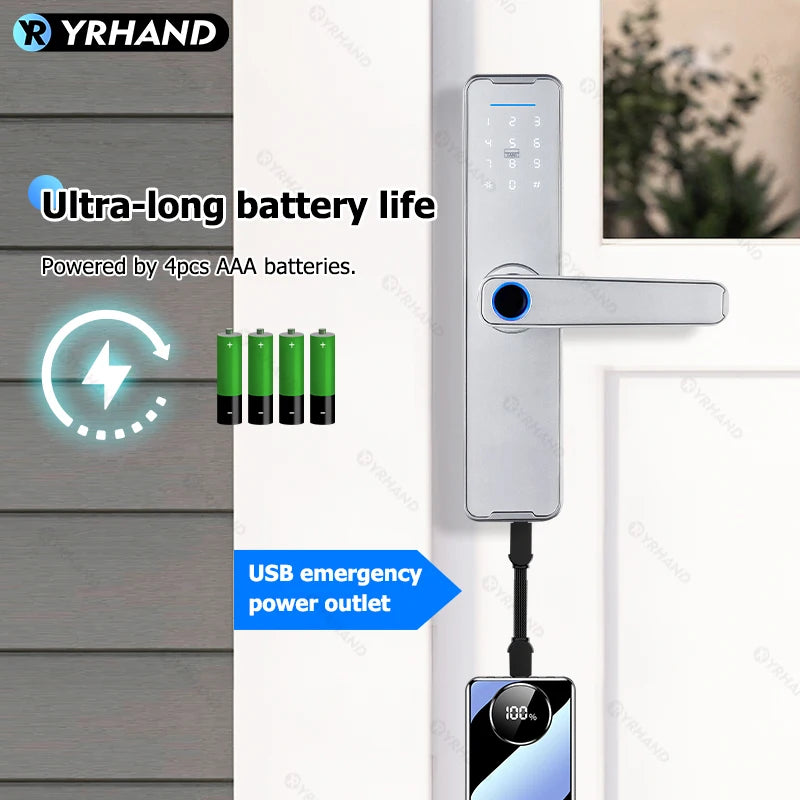 Fechadura Eletrônico Digital Biometric Fingerprint Lock App Remote Water poof Smart Door Lock YRHAND Tuya Wifi Sliver