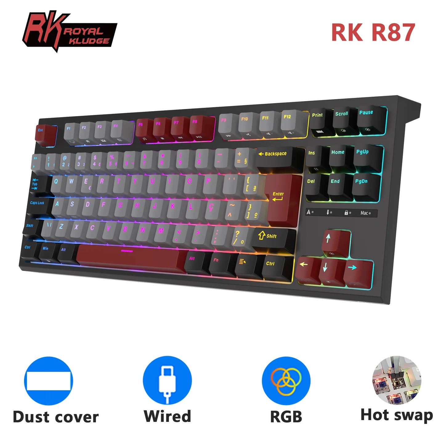 Teclado Mecânico Rk royal kludge r87 gamer brasileiro com fio 87 teclas rgb retro iluminado personalizadas