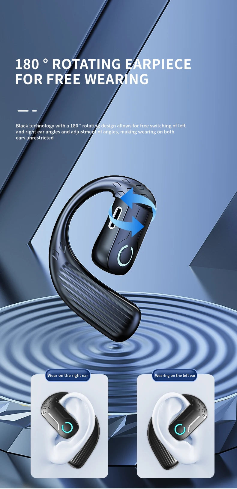Fone de ouvido sem fio aberto Bluetooth 5.4 180 ° Rotação ajustável esquerda direita fone de ouvido universal com microfone esportivos