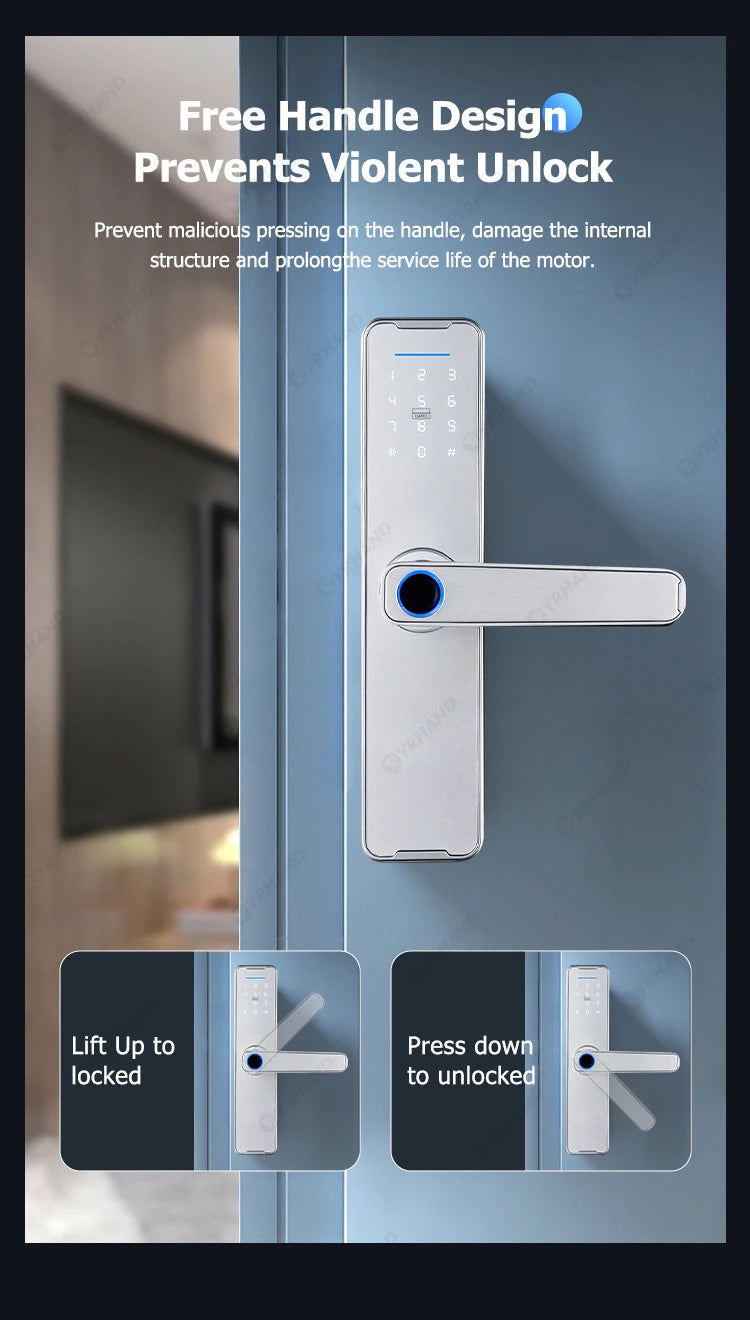 Fechadura Eletrônico Digital Biometric Fingerprint Lock App Remote Water poof Smart Door Lock YRHAND Tuya Wifi Sliver