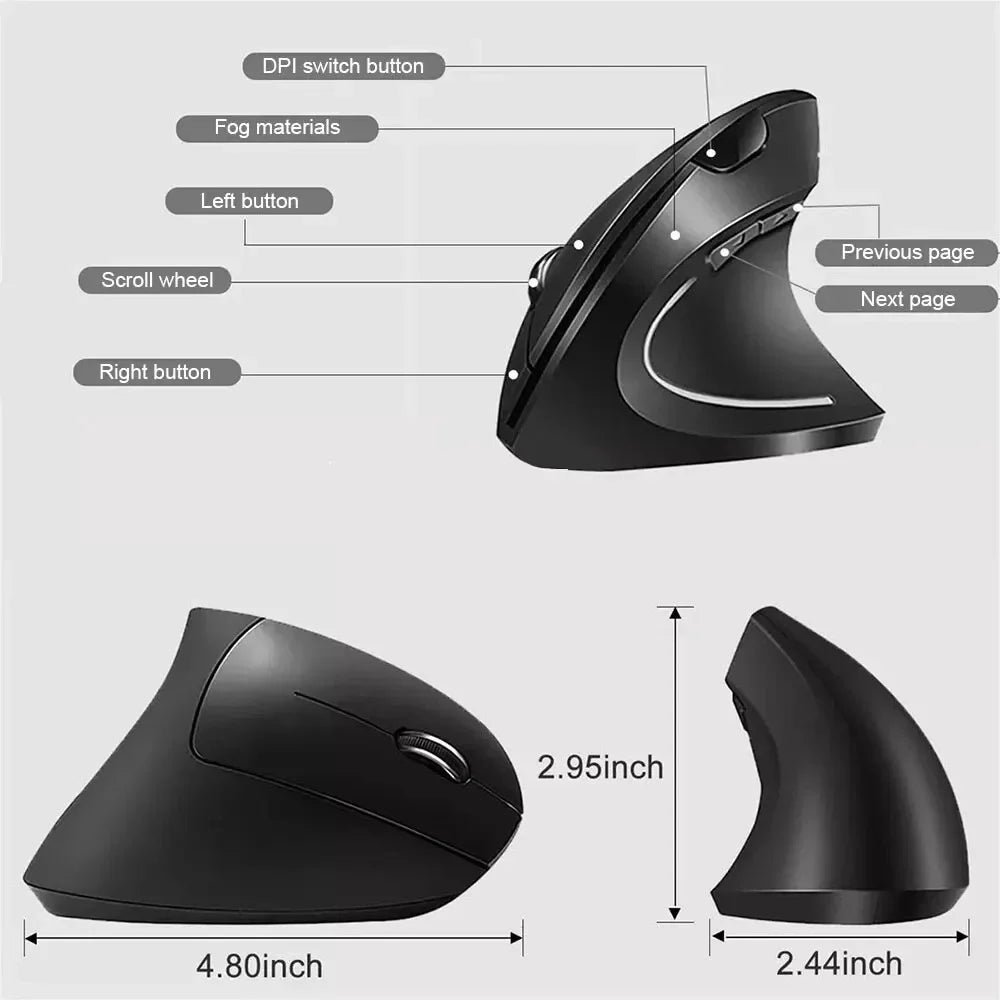 Rato vertical ergonômico 2.4ghz mouse óptico sem fio 3 dpi ajustável 800/1200/1600 6 botões para computador portátil desktop