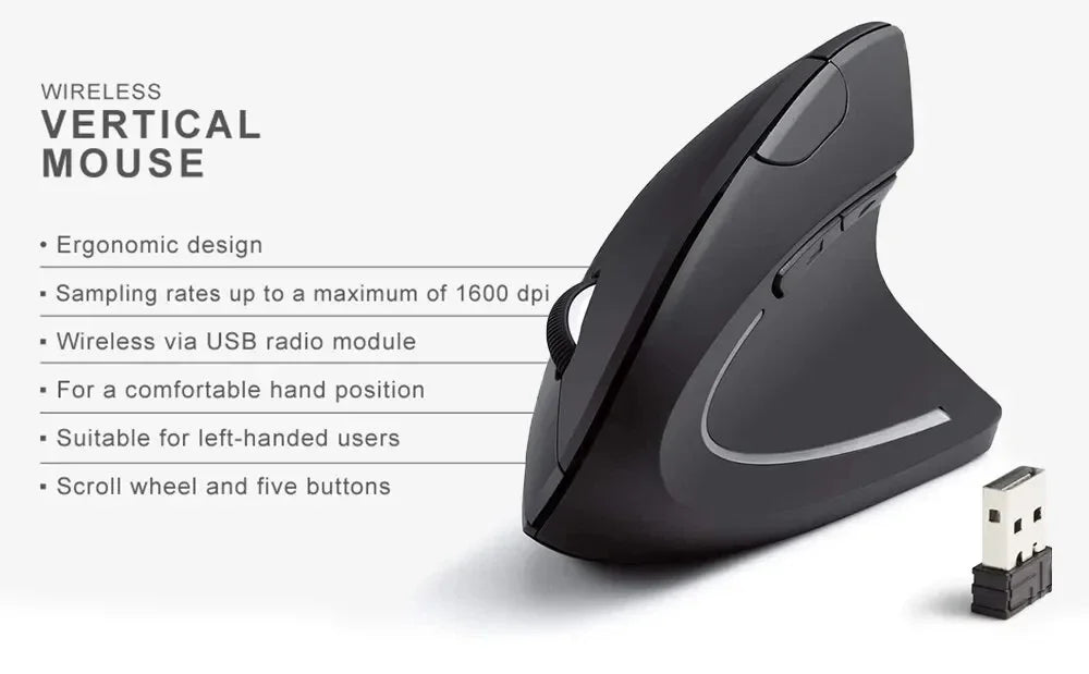 Rato vertical ergonômico 2.4ghz mouse óptico sem fio 3 dpi ajustável 800/1200/1600 6 botões para computador portátil desktop