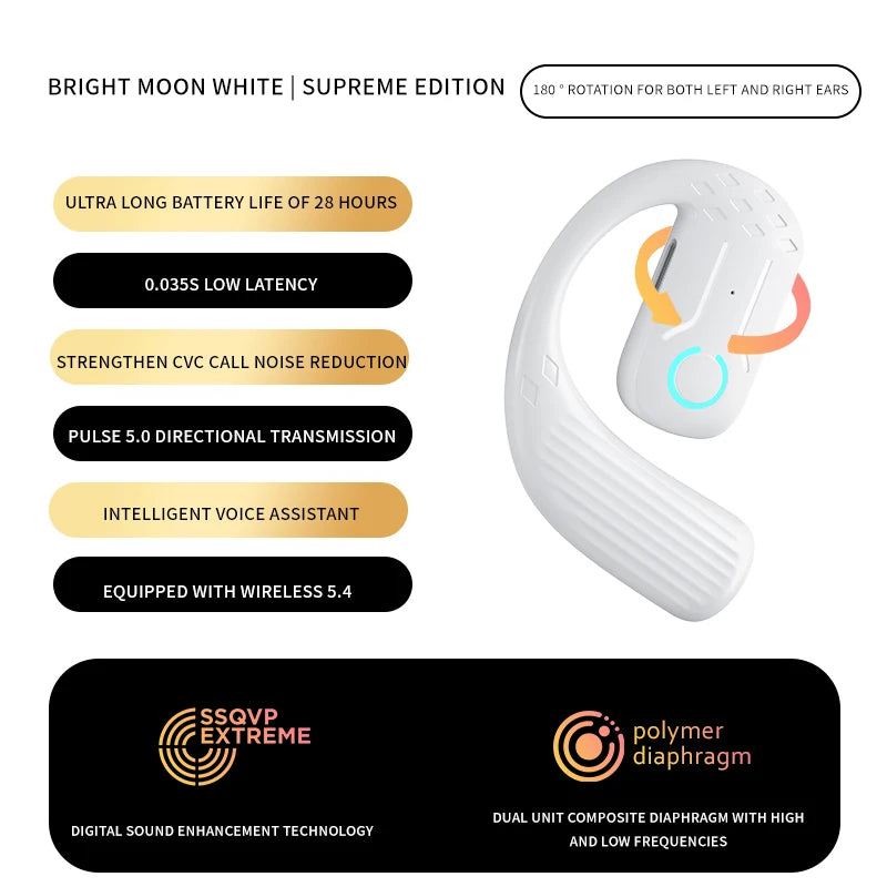 Fone de ouvido sem fio aberto Bluetooth 5.4 180 ° Rotação ajustável esquerda direita fone de ouvido universal com microfone esportivos