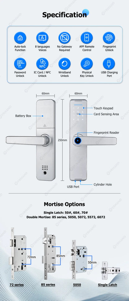 Fechadura Eletrônico Digital Biometric Fingerprint Lock App Remote Water poof Smart Door Lock YRHAND Tuya Wifi Sliver