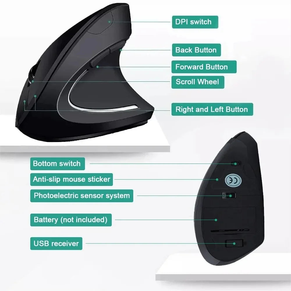 Rato vertical ergonômico 2.4ghz mouse óptico sem fio 3 dpi ajustável 800/1200/1600 6 botões para computador portátil desktop