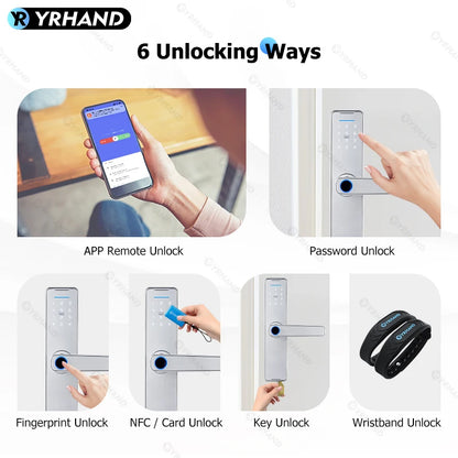 Fechadura Eletrônico Digital Biometric Fingerprint Lock App Remote Water poof Smart Door Lock YRHAND Tuya Wifi Sliver