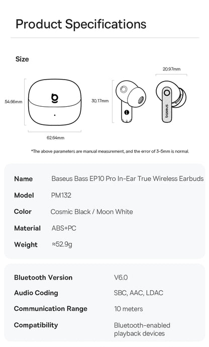 Fones de ouvido sem fio Bluetooth 6.0 50dB Baseus EP10 Pro ANC