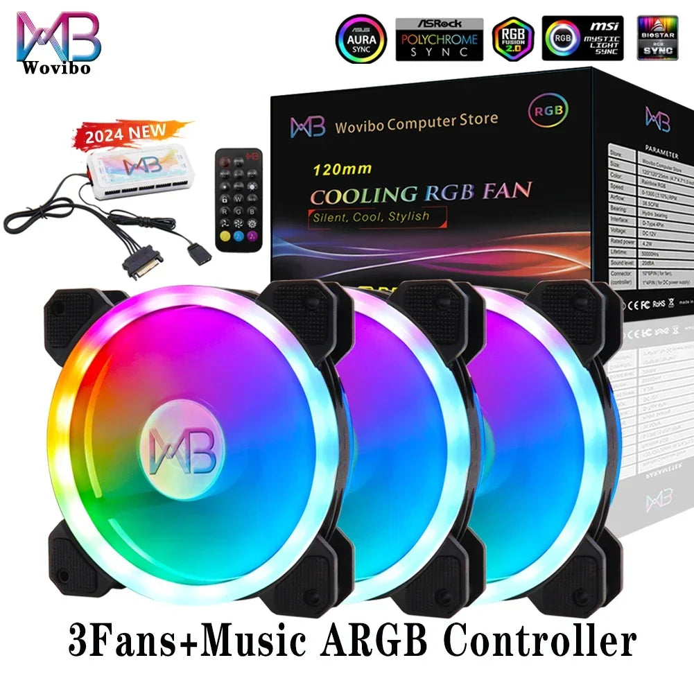 Ventilador para Caixa do Computador, PC Cooler, LED RGB Ajustável, 12cm, Mute Ventilador, 5V DC, Ventiladores ARGB, Ajustar Velocidade, Aura Sync, 6Pin, 120mm