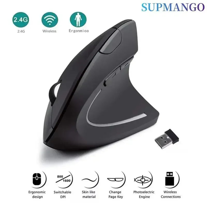 Rato vertical ergonômico 2.4ghz mouse óptico sem fio 3 dpi ajustável 800/1200/1600 6 botões para computador portátil desktop