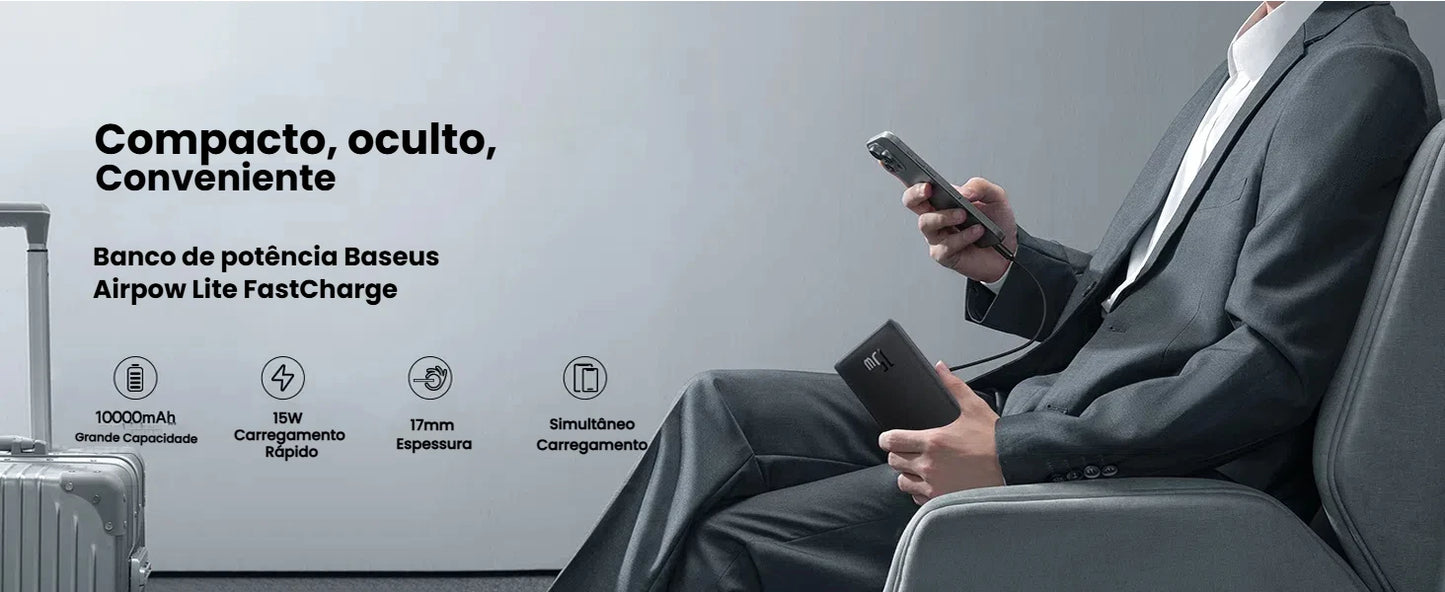 Carregamento Simultaneo Compativel com iPhone e Androids Carregador Portátil Power Bank Baseus Turbo Airpow Lite 10000mah 15w
