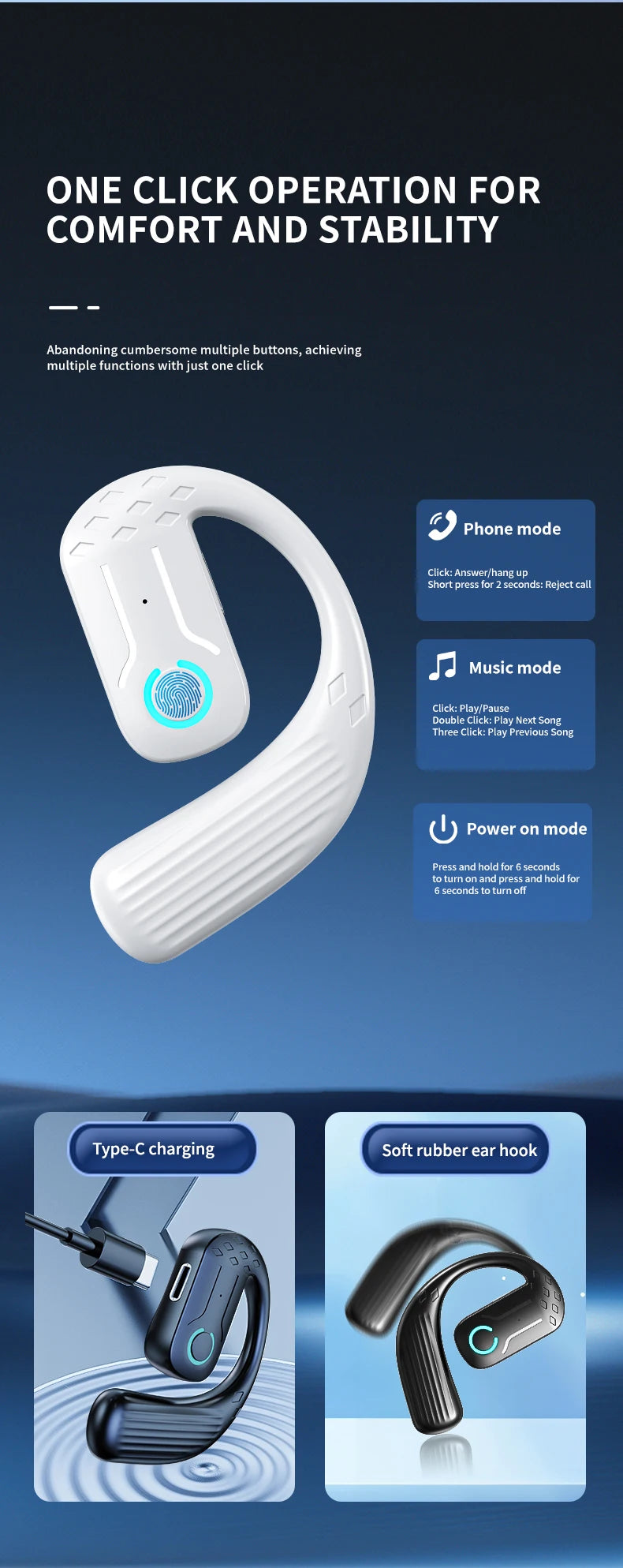 Fone de ouvido sem fio aberto Bluetooth 5.4 180 ° Rotação ajustável esquerda direita fone de ouvido universal com microfone esportivos